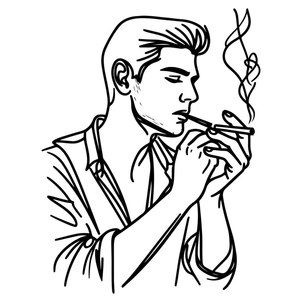 kontinuerlig linje hand teckning stänga upp man rökning cigarett vektor på vit bakgrund