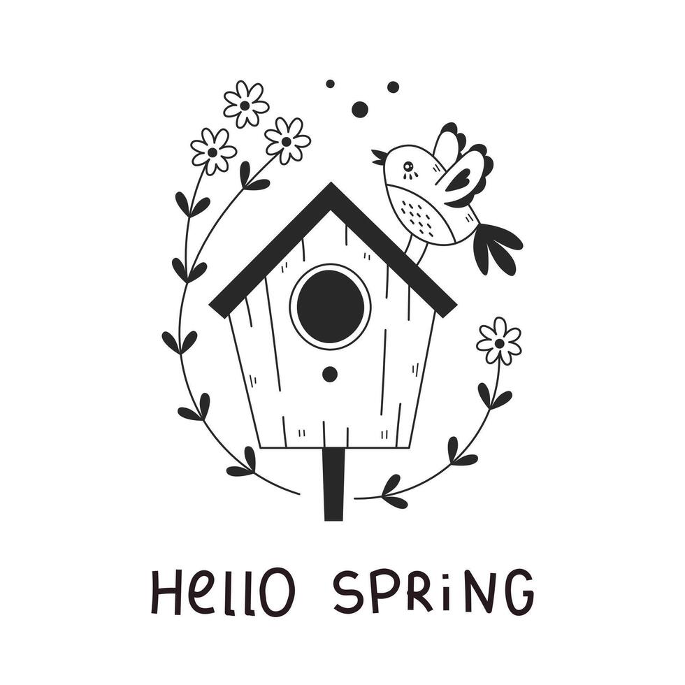 Hallo Frühling Text Vogelhaus und Vogel im Gekritzel Stil vektor