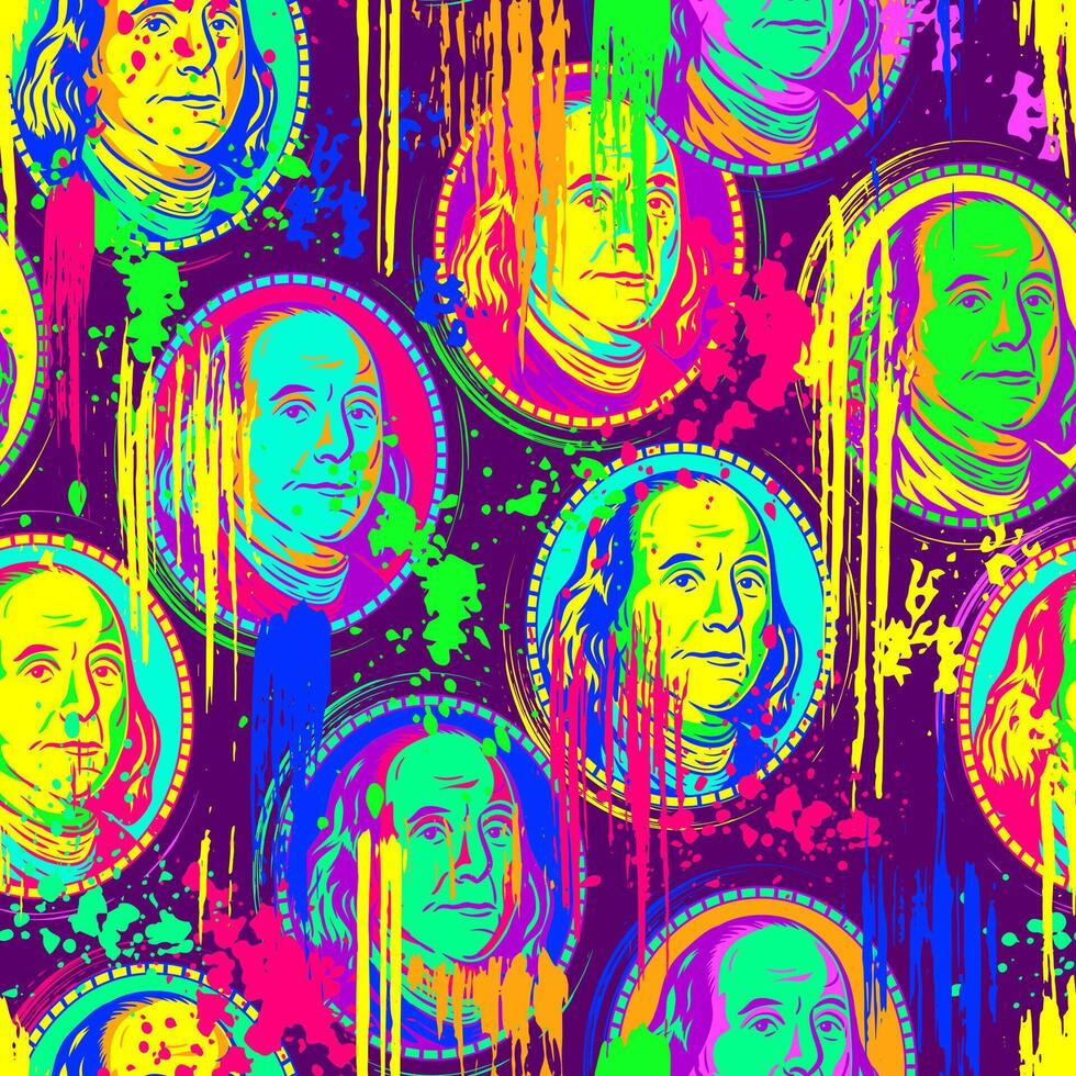 Pop Kunst Muster mit Benjamin Franklin Porträt von 100 Dollar Rechnung. Hintergrund mit Farbe Bürste Schlaganfälle, Flecken, Flecken, bespritzt Farbe von Neon- Farben. zum Sport Waren, Drucke, Vinyl wickeln. vektor