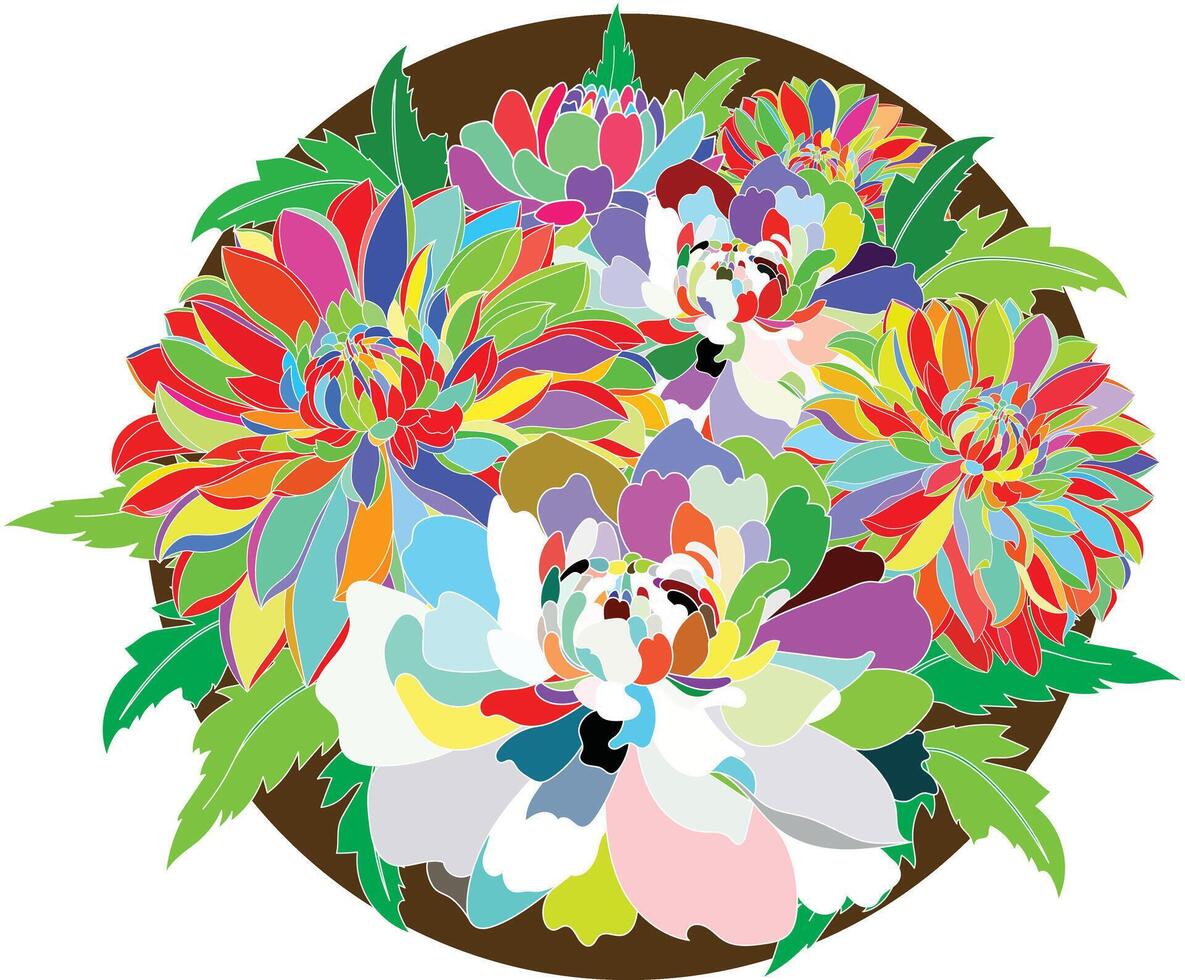 Illustration multi Farbe von Chrysantheme Blume mit Blätter auf braun Hintergrund. vektor