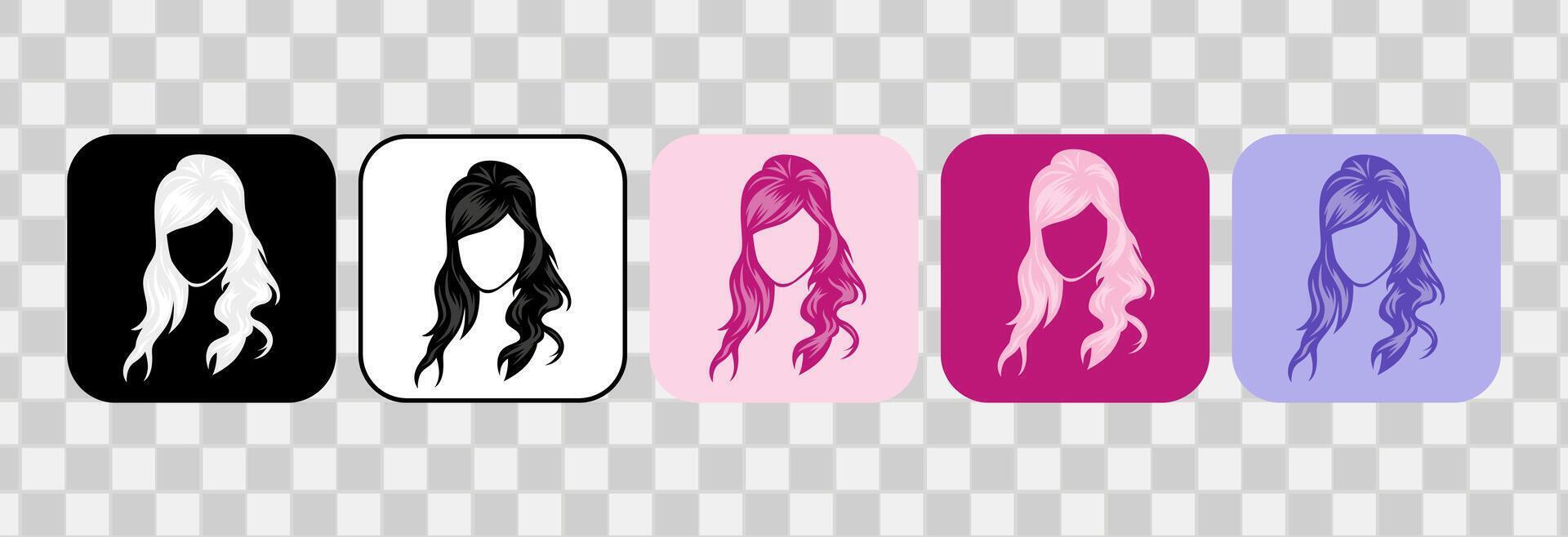 uppsättning av kvinnor hår ikoner. silhuett ritad för hand översikt. för logotyp, klämma konst, symbol, klistermärke, eller webb design. 600 px x 600 px rektangulär ikon, vektor platt illustration.