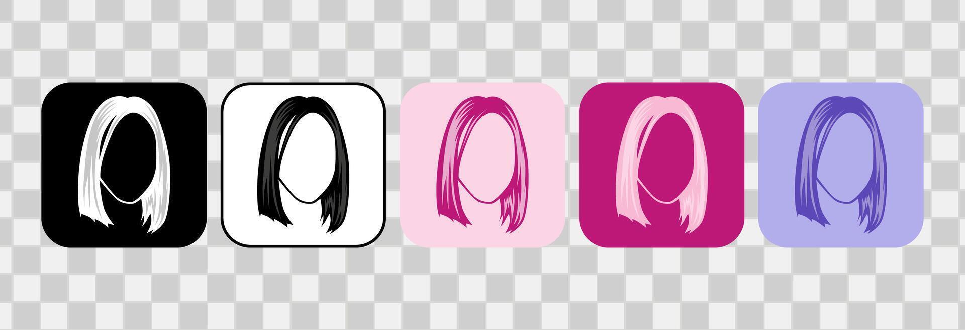 einstellen von Frauen Haar Symbole. Silhouette handgemalt Umriss. zum Logo, Clip Kunst, Symbol, Aufkleber, oder Netz Design. 600 px x 600 px rechteckig Symbol, Vektor eben Illustration.