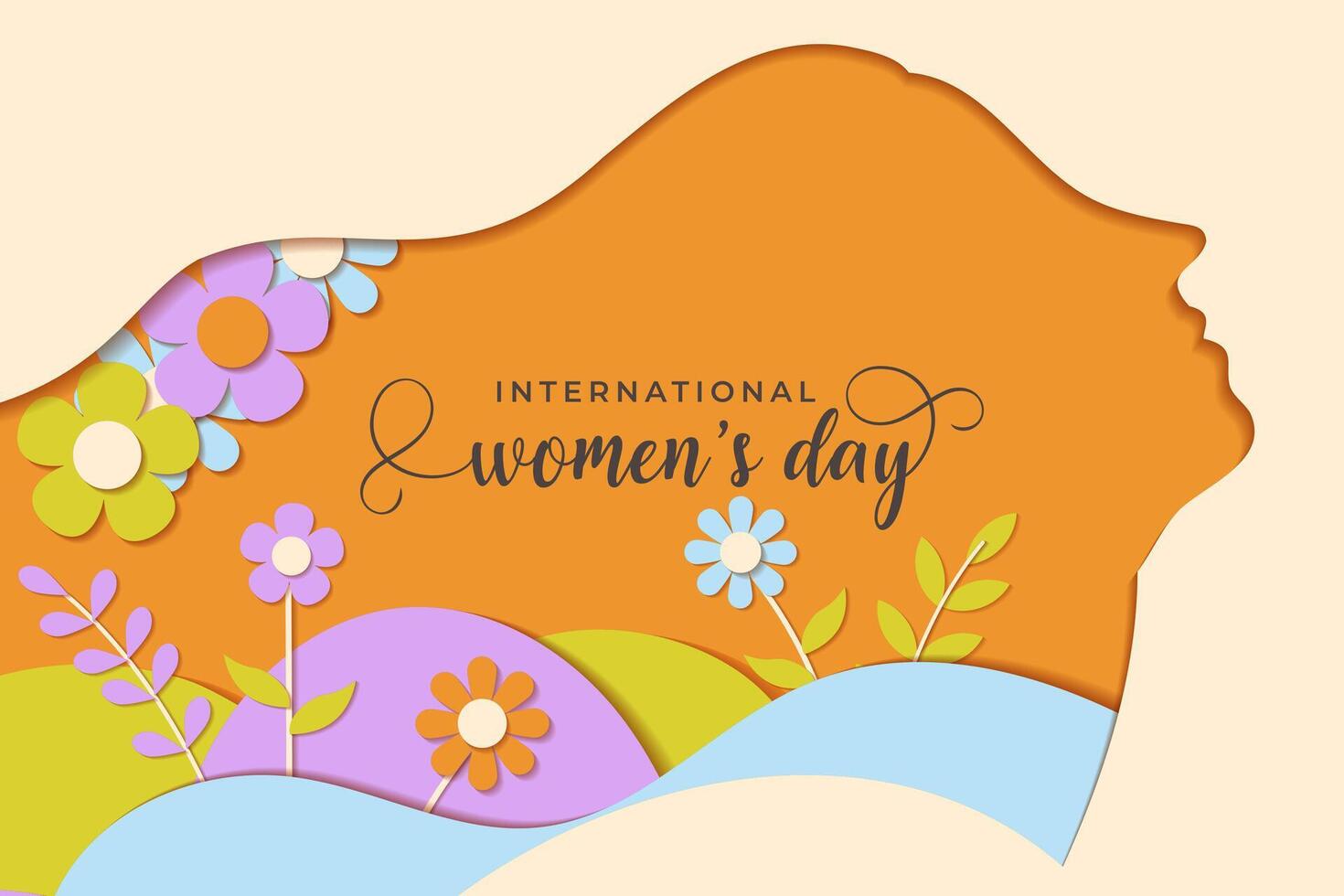 International Damen Tag. weiblich Silhouette, Blumen Papier Schnitt Stil Thema Banner Hintergrund. vektor