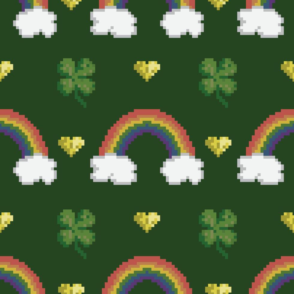 vektor sömlös mönster med regnbågar och klöver på grön. st patrick dag design. pixel konst