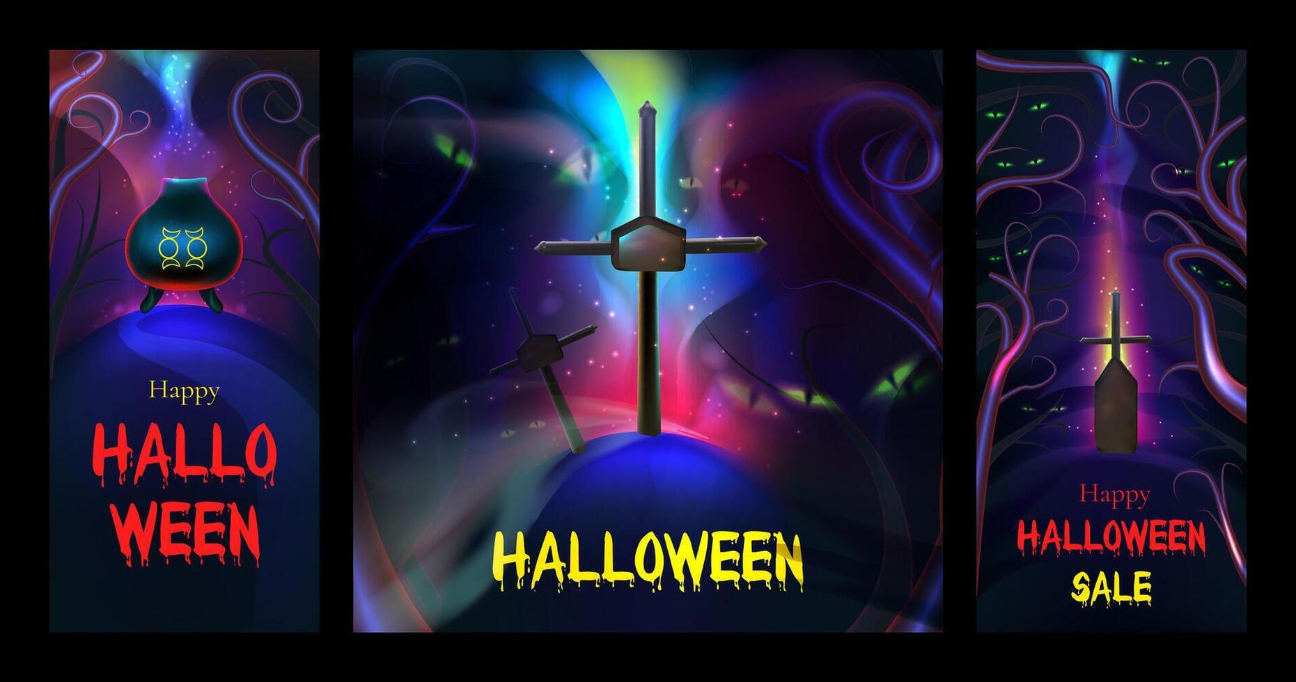 Lycklig halloween bakgrund från realistisk 3d design i tecknad serie stil. Semester baner, webb affisch, eleganta flygblad hälsning kort. vektor illustration
