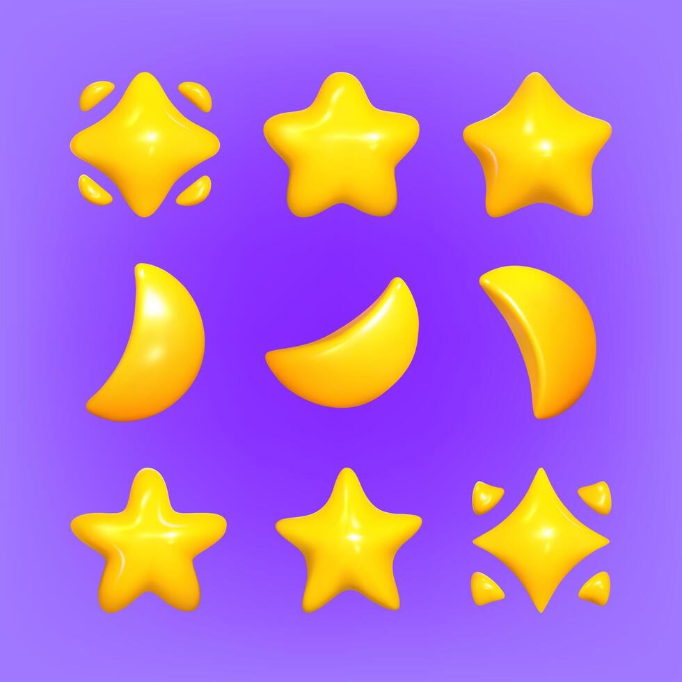3d uppsättning gul stjärnor och månar. realistisk 3d symbol design. vektor illustration. eps 10