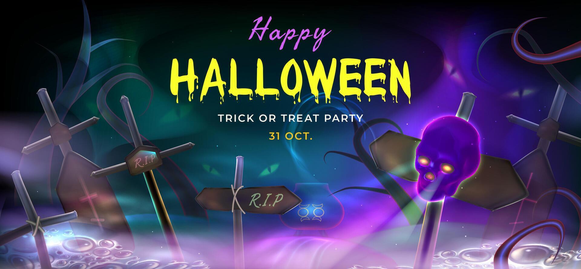 dunkel Halloween Hintergrund von realistisch 3d Design im Karikatur Stil. Urlaub Banner, Netz Poster, stilvoll Flyer Gruß Karte. Vektor Illustration