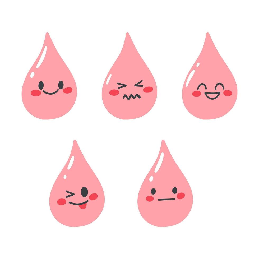 Hand gezeichnet Blut Tropfen im kawaii Stil. süß Figuren, Konzept von Menstruation- Zyklus, Blut Spende. vektor