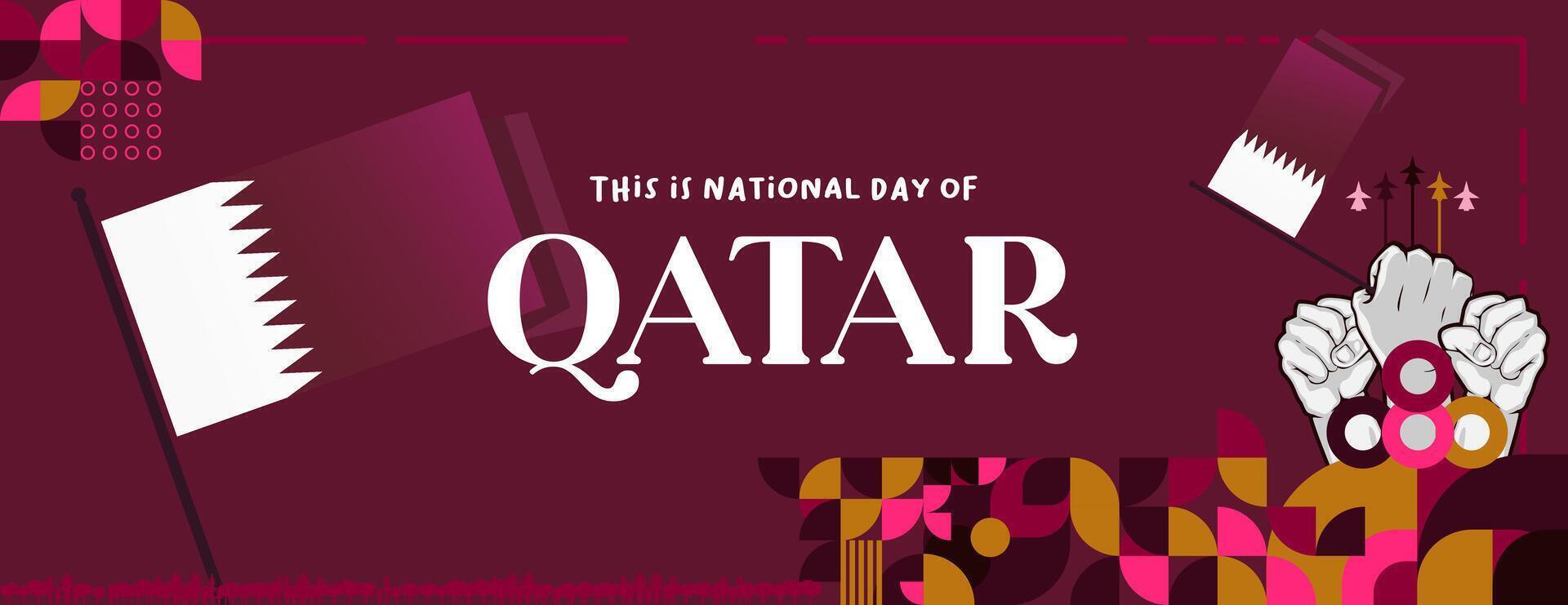 qatar nationell dag baner i färgrik modern geometrisk stil. qatar nationell oberoende dag hälsning kort omslag med typografi. vektor illustration för nationell Semester firande fest