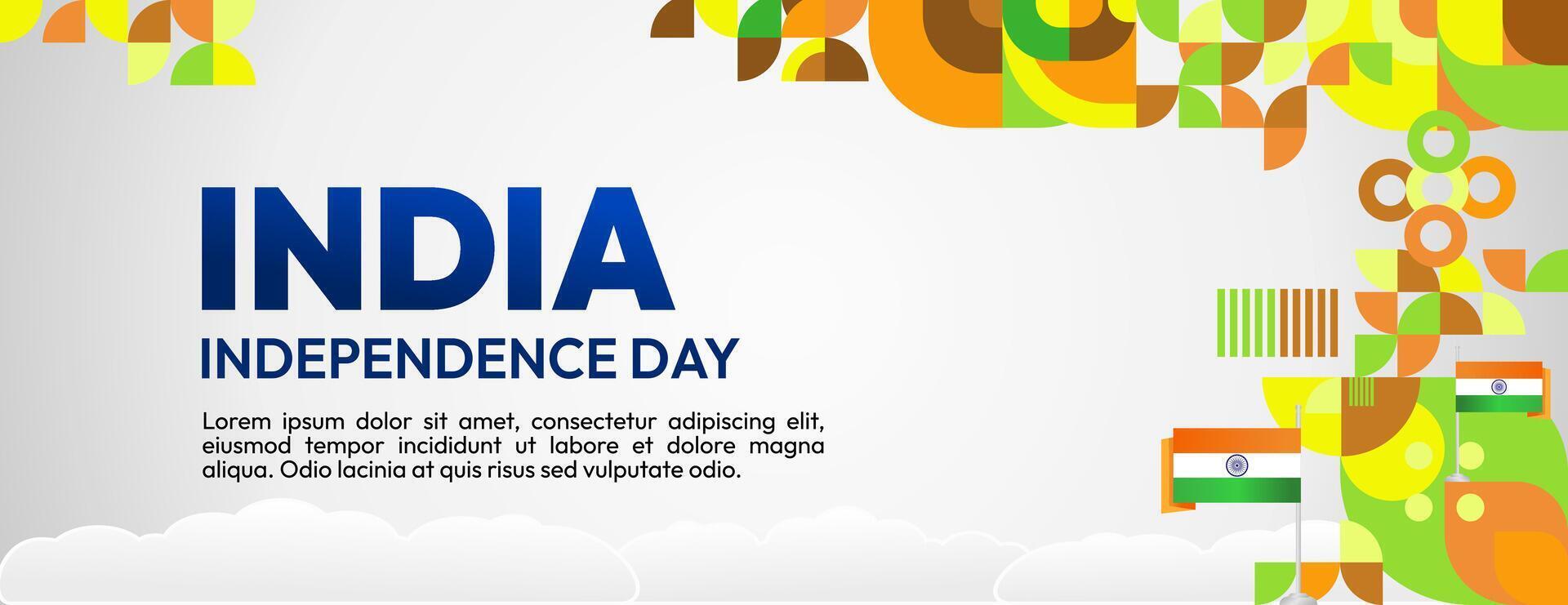 indisch Unabhängigkeit Tag Banner im bunt modern geometrisch Stil. glücklich National Unabhängigkeit Tag Gruß Karte Startseite mit Typografie. Vektor Illustration zum National Urlaub Feier Party