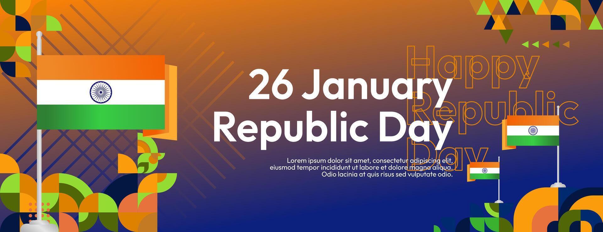 indisch Republik Tag Banner im modern geometrisch Stil. breit Banner zum Anzeigen, Sozial Medien und Mehr mit Typografie. Illustration zum National Urlaub Feier Party. glücklich Republik Tag 26 Januar vektor