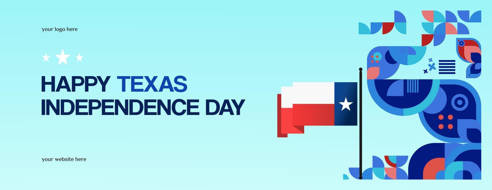 Texas Unabhängigkeit Tag Banner im bunt modern geometrisch Stil. glücklich National Unabhängigkeit Tag Gruß Karte Startseite mit Typografie. Vektor Illustration zum National Urlaub Feier Party
