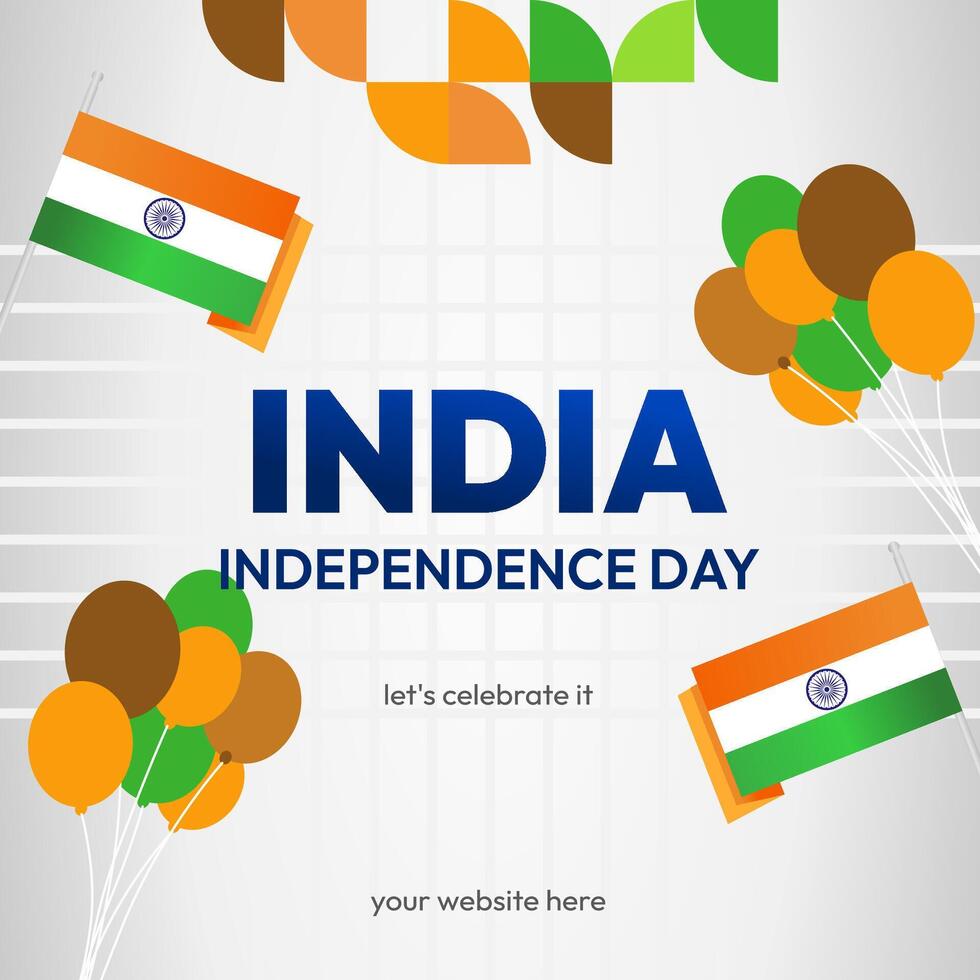 indisch Unabhängigkeit Tag Banner im bunt modern geometrisch Stil. Platz Gruß Karte Startseite glücklich National Unabhängigkeit Tag mit Typografie. National Urlaub Feier Party Hintergrund vektor
