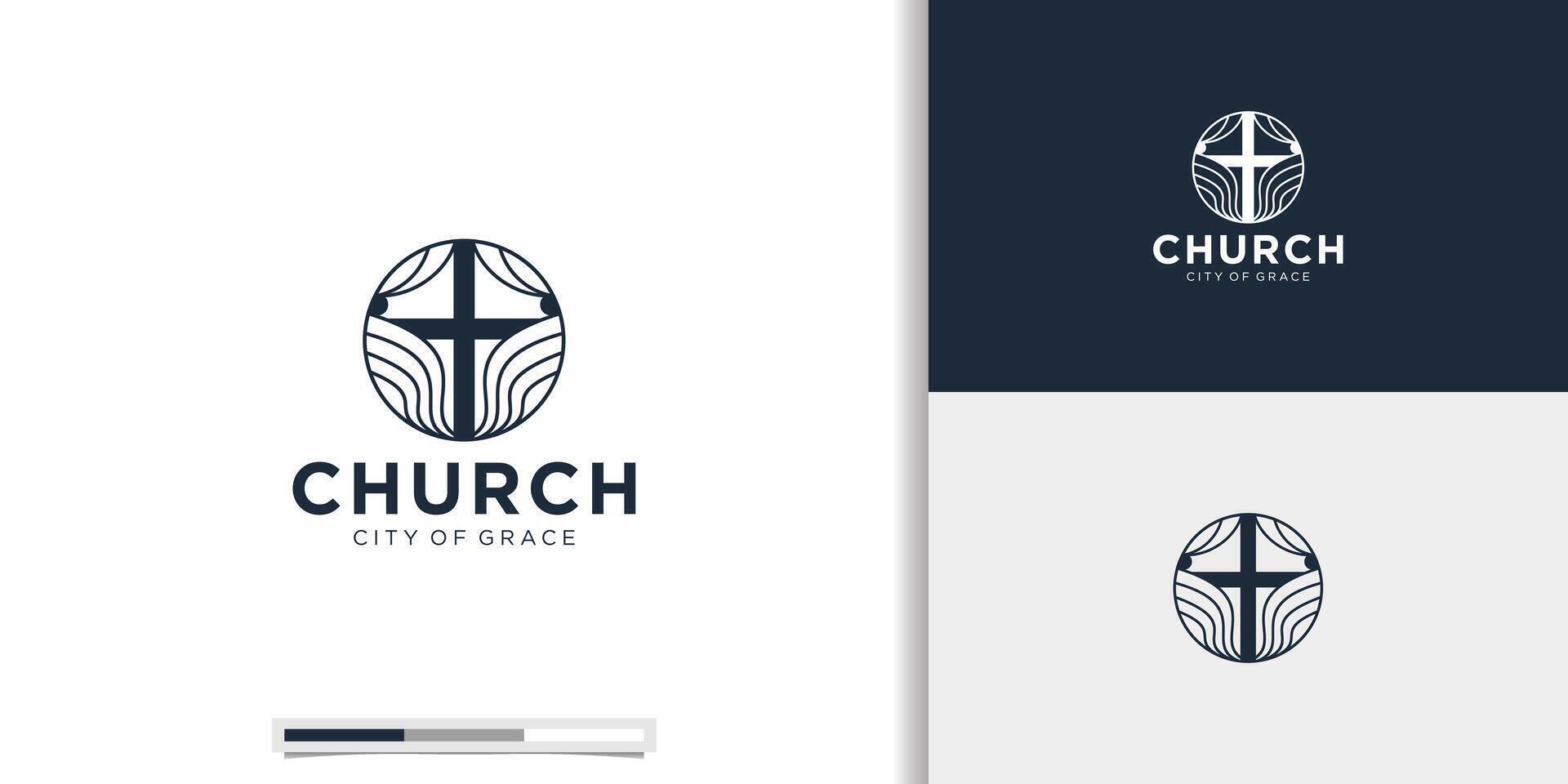symbol av kyrka logotyp design mall.linjär cirkel form begrepp med korsa ikon. vektor