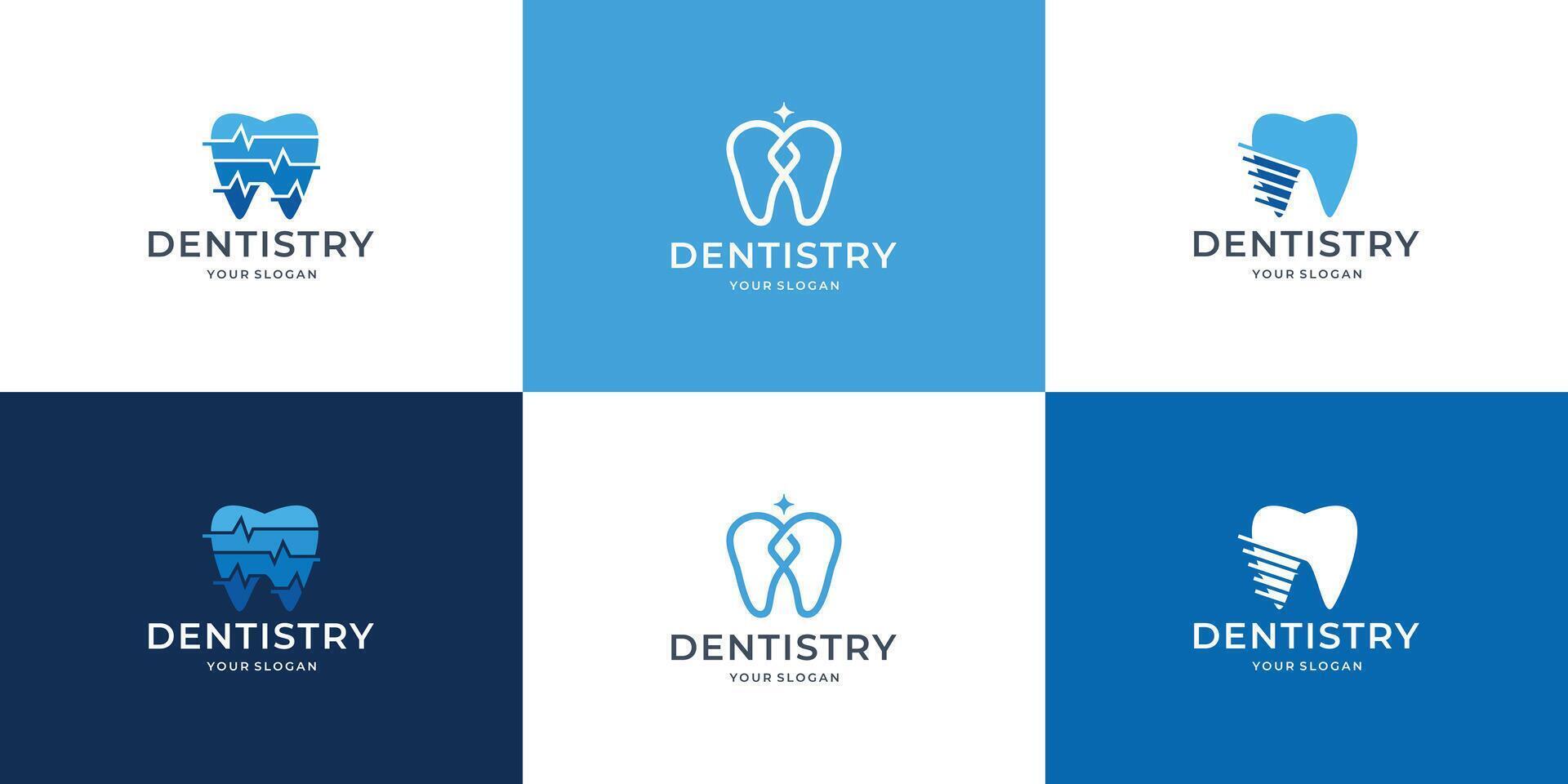 Symbol bündeln von Zahnheilkunde, Dental Pflege, Zahnarzt Logo Design mit Blau und Weiß Farbe Hintergrund Vorlage Illustration vektor