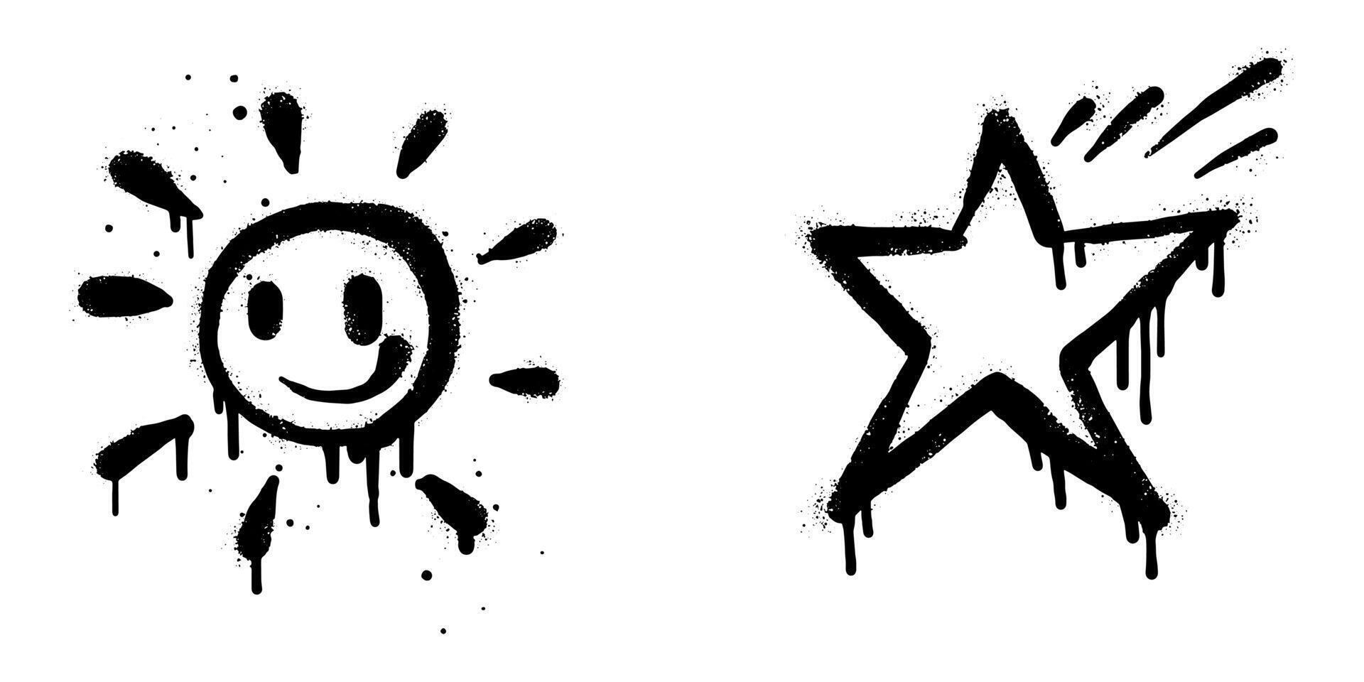 sprühen gemalt Graffiti Sonne und Star Zeichen im schwarz Über Weiß. Star tropfen Symbol. isoliert auf Weiß Hintergrund. Vektor Illustration