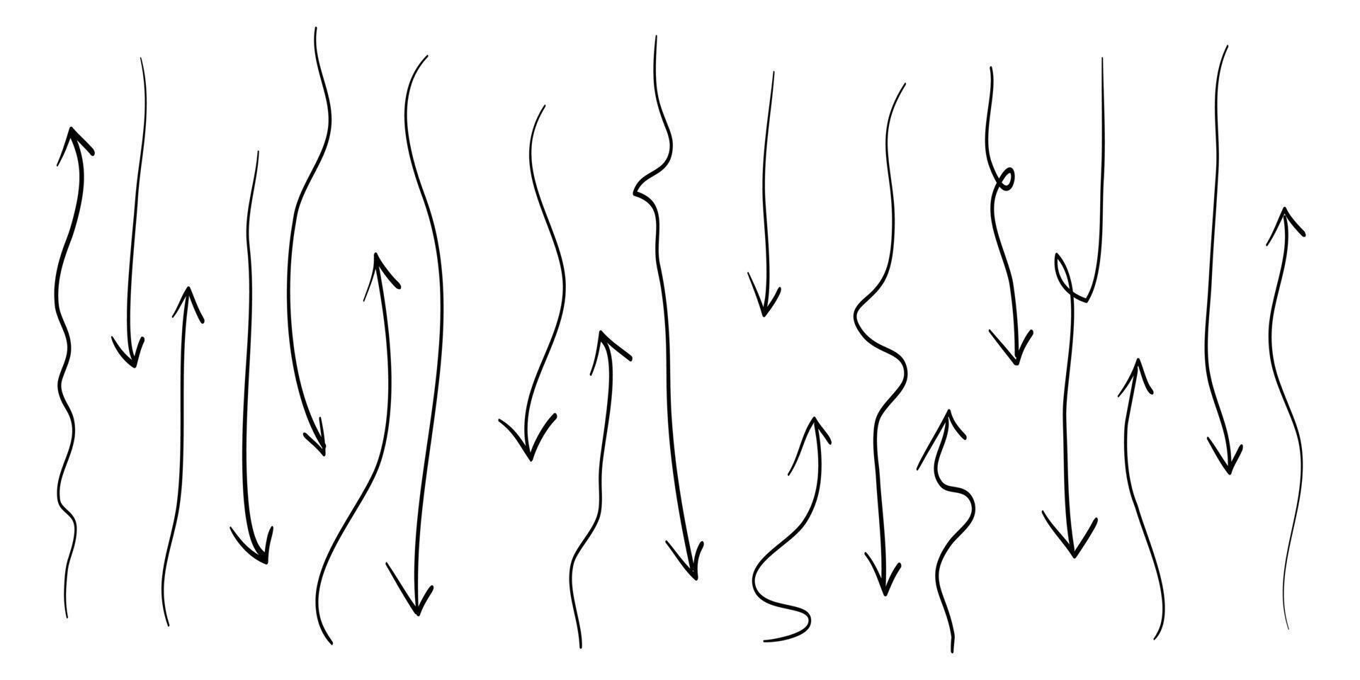 hand dragen pilar ikoner uppsättning. pil ikon med upp och ner vägbeskrivningar. klotter vektor illustration. isolerat på en vit bakgrund