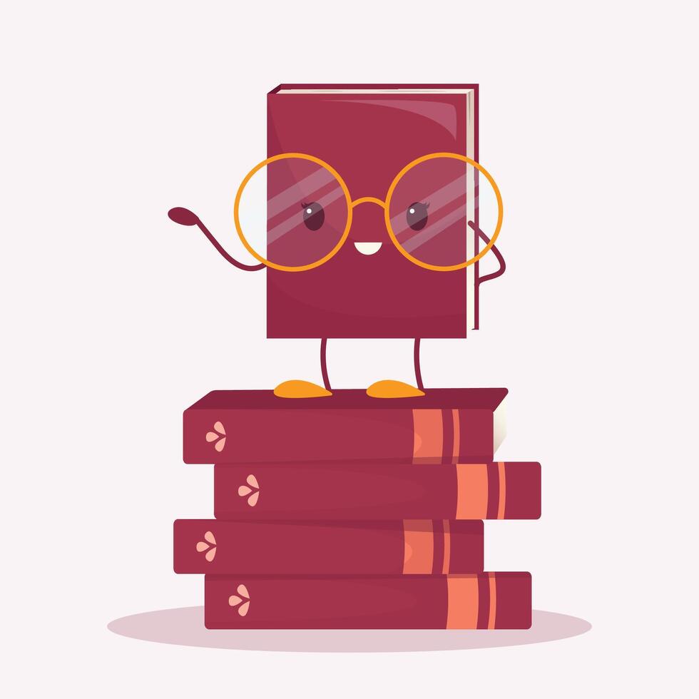 Vektor Karikatur süß Buch Charakter mit groß Brille und lächeln. ein wiederbelebt Buch steht auf ein Stapel von Bücher. Welt Buch Tag