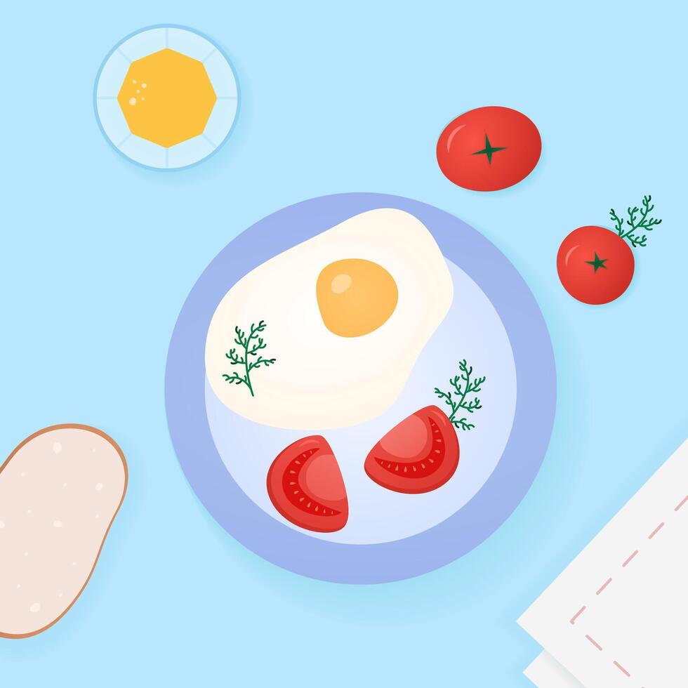 friska morgon- måltid med ett ägg, tomater, orange juice, bit av bröd på de tabell. söt platt frukost topp se. vektor platt illustration i ljus färger.