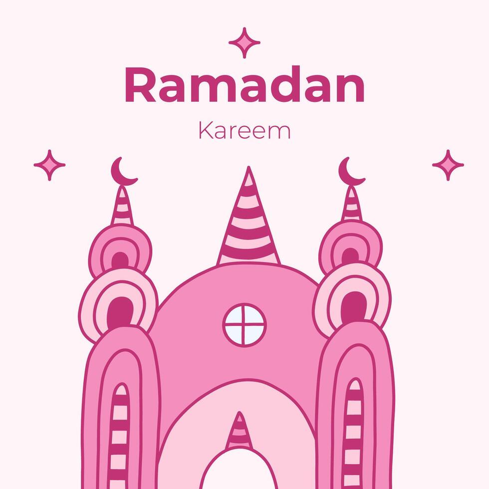 Poster zum Ramadan kareem im kindisch naiv Stil. islamisch Gruß Karte mit Moschee, Mond Halbmond, Sterne im das Himmel. Vorlage zum Banner, Webseite Design, Medien zum Ramadan Monat Veranstaltungen vektor