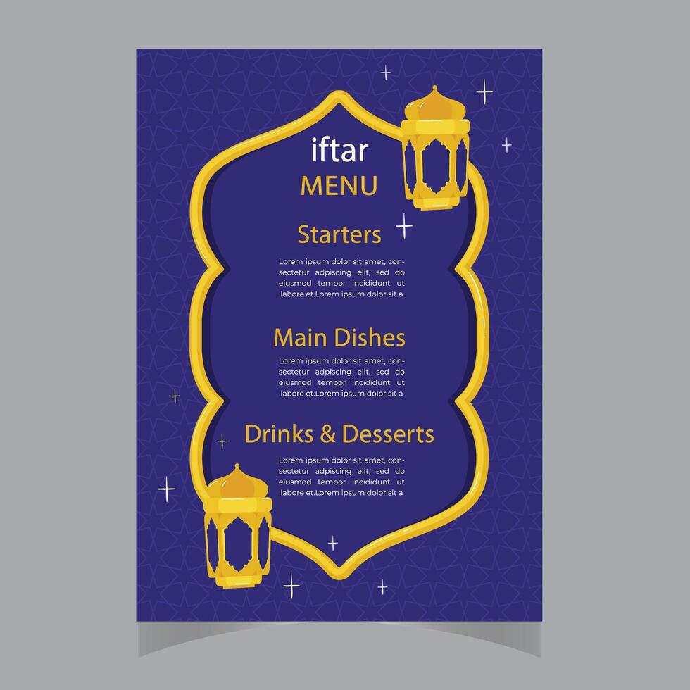 Vektor eben iftar Vertikale Speisekarte Vorlage Ramadan Speisekarte Vorlage im Blau islamisch Hintergrund Design. ebenfalls gut Vorlage zum Restaurant Speisekarte Design.