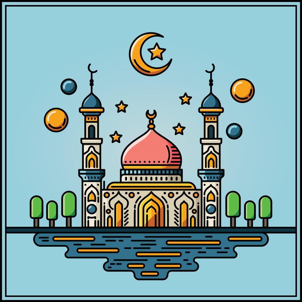 ein beschwingt Illustration von ein Moschee mit Linie Kunst Stil und eben Farbe, perfekt zum Ramadan, eid, und islamisch Fall. vektor
