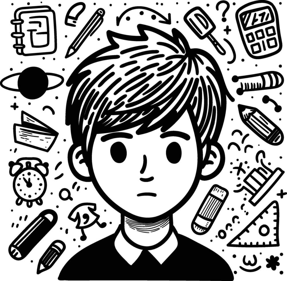 en Pojkar tecken huvud omgiven förbi ikoner av böcker, pennor, härskare, och Mer, illustrerar en brista av kreativitet, idéer, och fantasi. vektor
