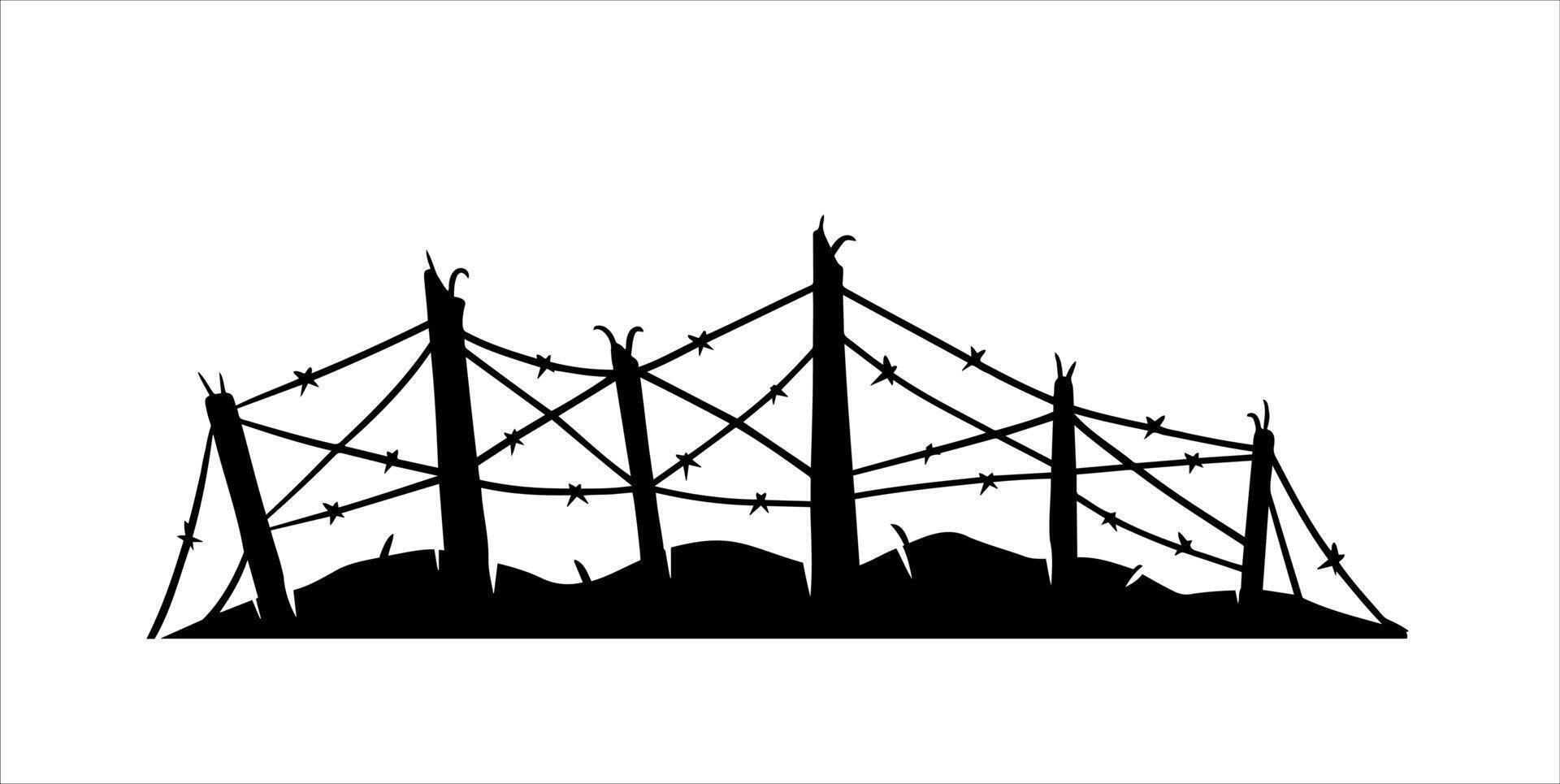 mit Widerhaken Kabel. Silhouette von Militär- Barrikaden. Defensive Befestigungen. Landschaft von modern Militär- Konflikt. schwarz Illustration isoliert auf Weiß vektor