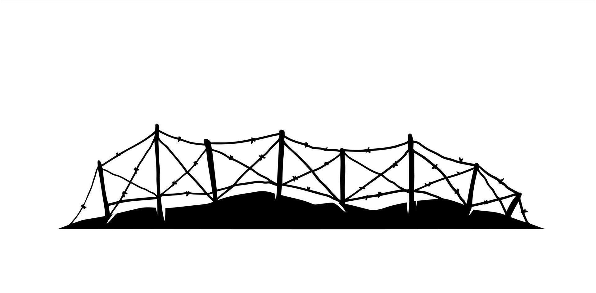 mit Widerhaken Kabel. Silhouette von Militär- Barrikaden. Defensive Befestigungen. Landschaft von modern Militär- Konflikt. schwarz Illustration isoliert auf Weiß vektor