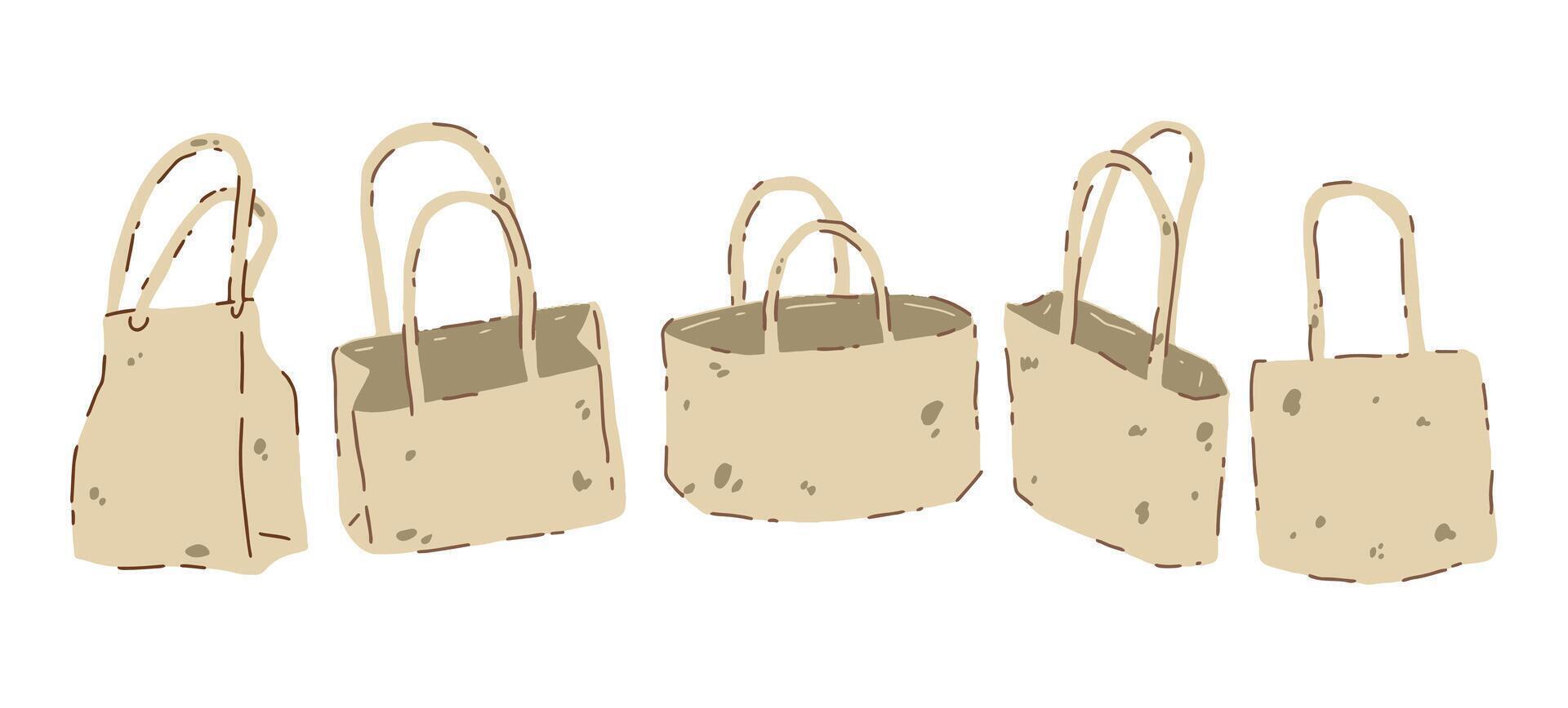 tyg väska. trasa eco shoppare. platt tecknad serie illustration. bomull tillbehör, återvunnet naturlig tömma handväska. vektor