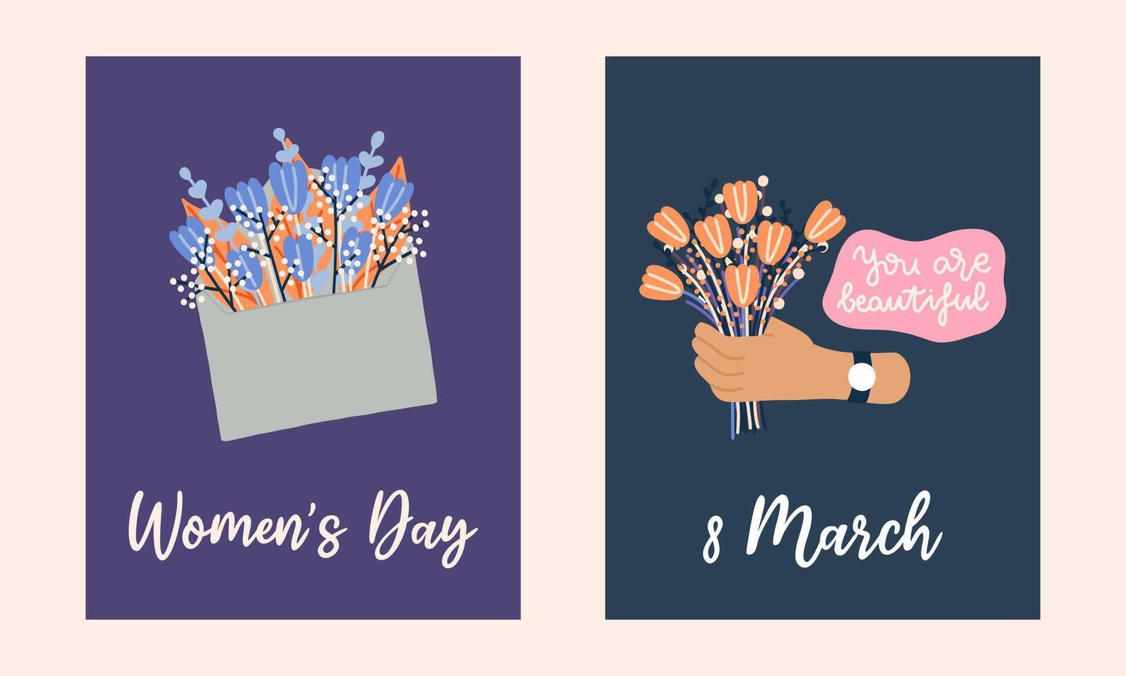Mars 8 vykort uppsättning. värld kvinnors dag. kuvert med tulpaner. hand innehav bukett. hand dragen platt tecknad serie element. vektor illustration