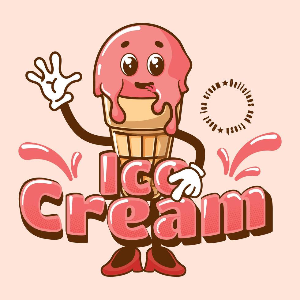 retro Maskottchen im Karikatur Stil. komisch Eis Sahne Dessert im retro Stil. Logo Maskottchen. vektor
