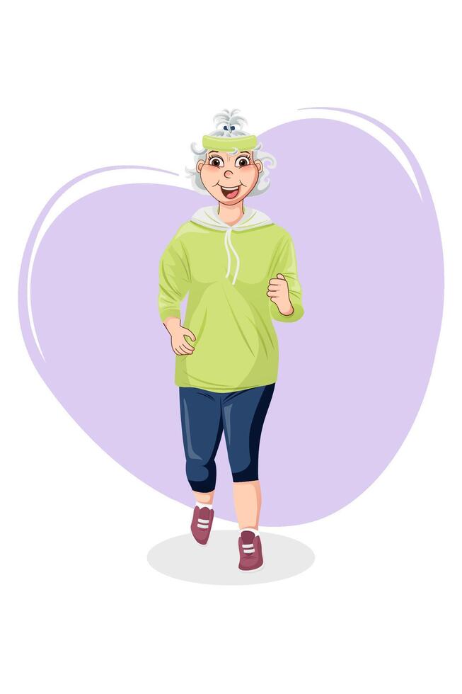 ein Alten Frau Joggen im das Park. Alten Frau ist beschäftigt, verlobt im Sport, führt ein aktiv und energisch gesund Lebensstil. isoliert Vektor Illustration.