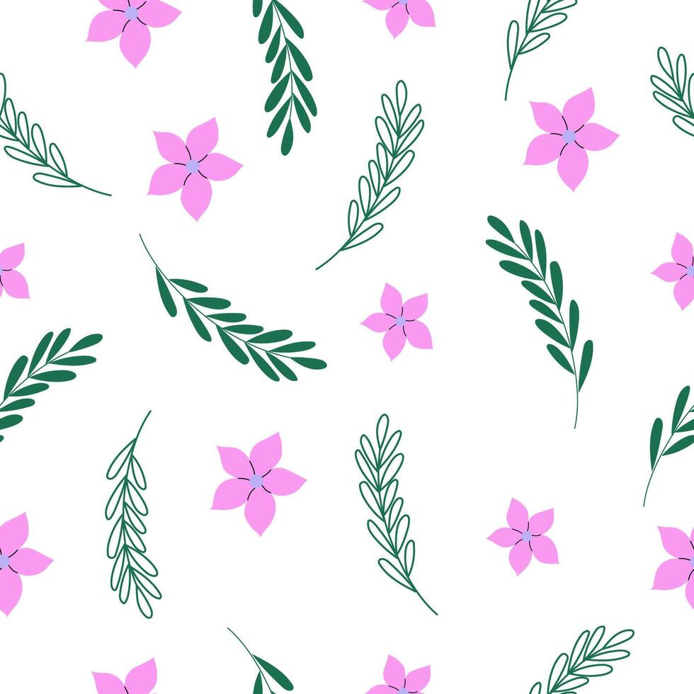 enkel ritad för hand mönster med blommor och löv. sömlös vektor design på vit bakgrund.
