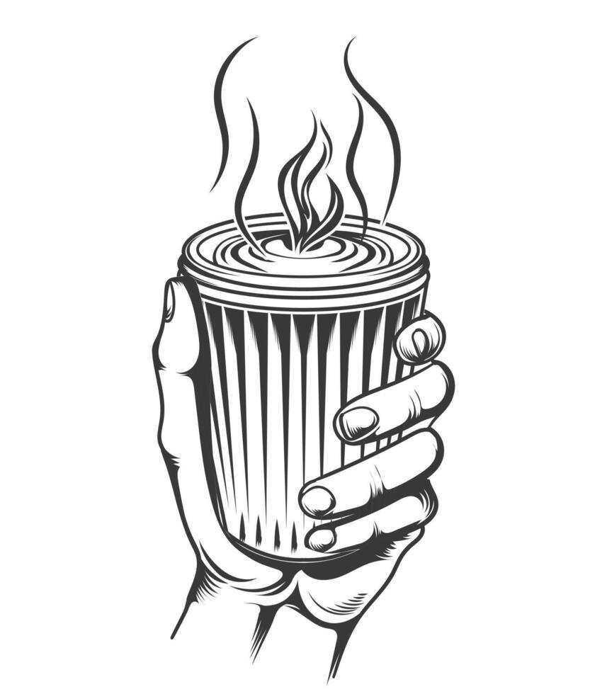 kaffe innehav en hand svart och vit vektor design.
