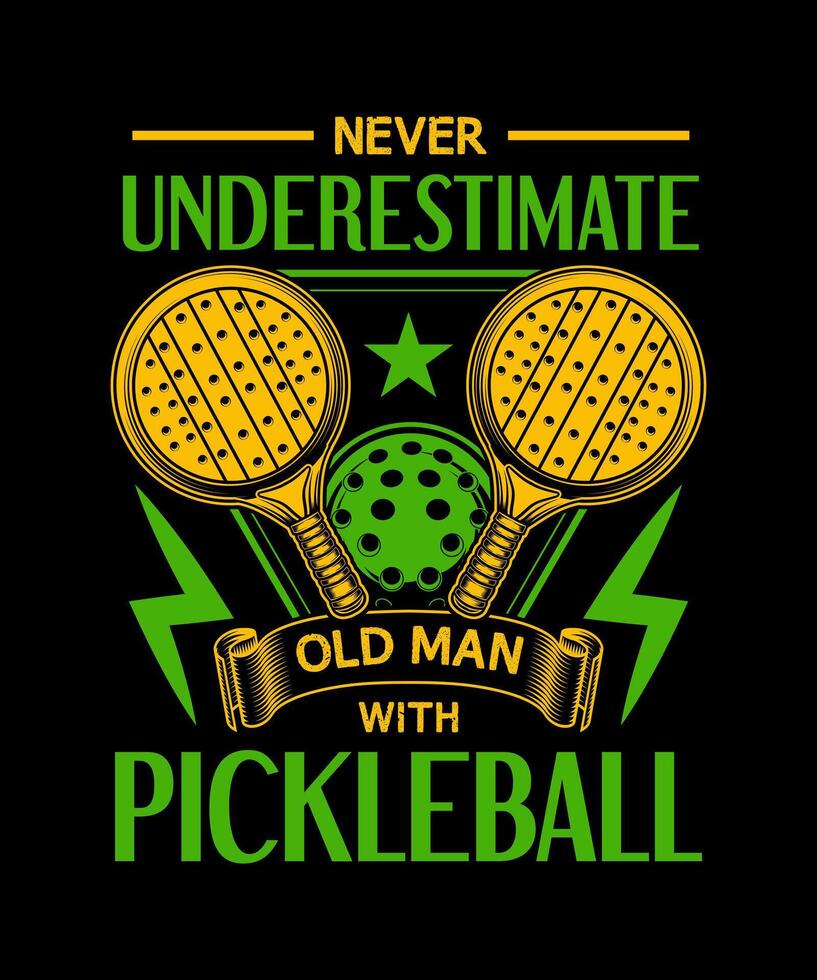 aldrig underskattar gammal man med pickleball svart t-shirt design vektor