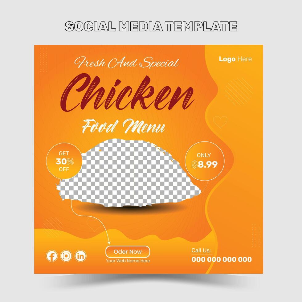 köstlich Hähnchen Essen Speisekarte Sozial Medien Post mit ein attraktiv rot und Gelb Hintergrund vektor