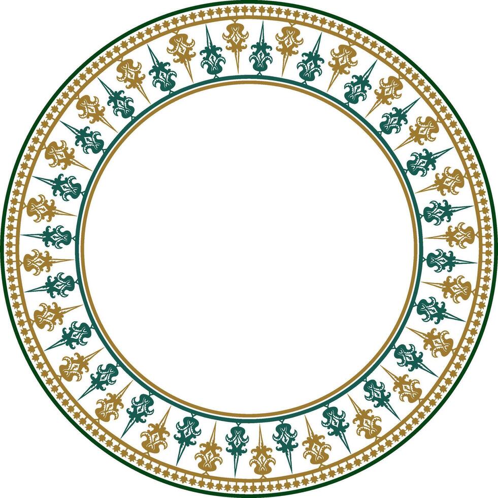 Vektor golden und Grün runden byzantinisch Ornament. Kreis, Grenze, Rahmen von uralt Griechenland und östlichen römisch Reich. Dekoration von das Russisch orthodox Kirche.