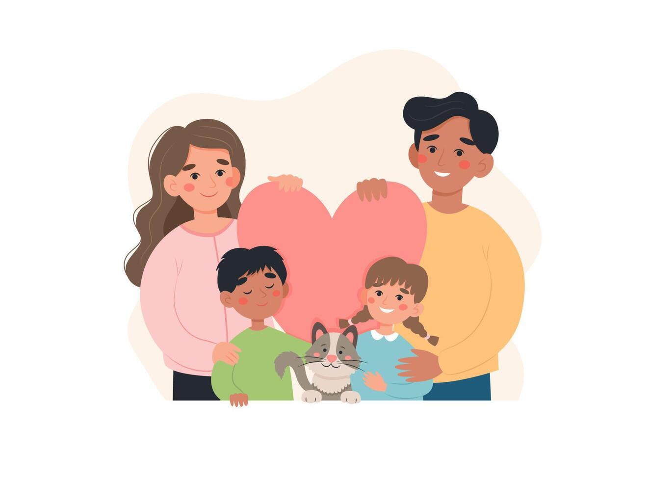 International Familie Konzept. Eltern von anders Nationalitäten mit Kinder und Katze. süß Vektor Illustration im eben Karikatur Stil