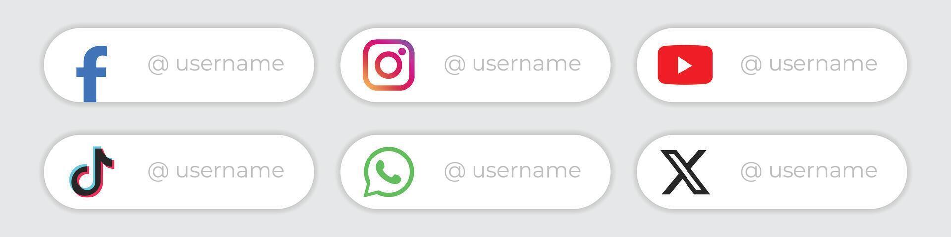 Sozial Medien niedriger dritte Symbole. Vektor Nutzername Symbole. Facebook, instagram, Youtube, Tick Tack, WhatsApp, x