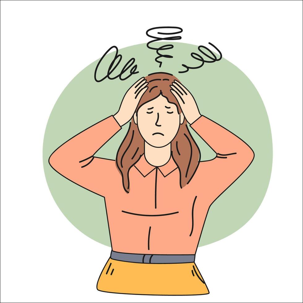 vektor illustration av en flicka i depression. ledsen flicka innehav händer på henne huvud. huvudvärk.