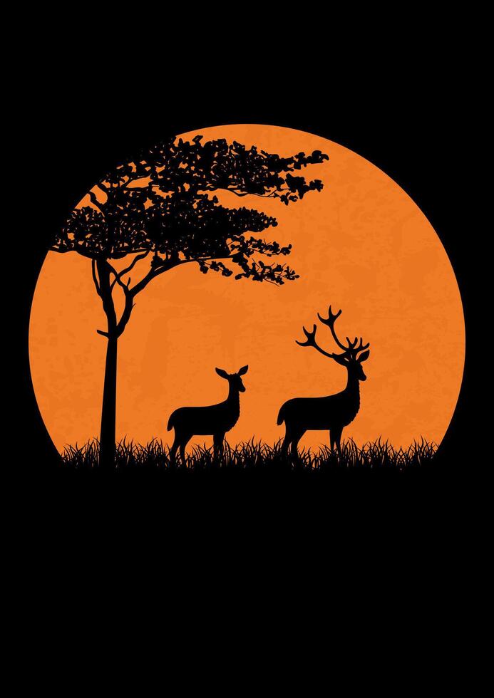 Silhouette von Hirsch Stehen im Frühling Nacht Wiese. magisch neblig Landschaft, rot Mond Illustration. vektor