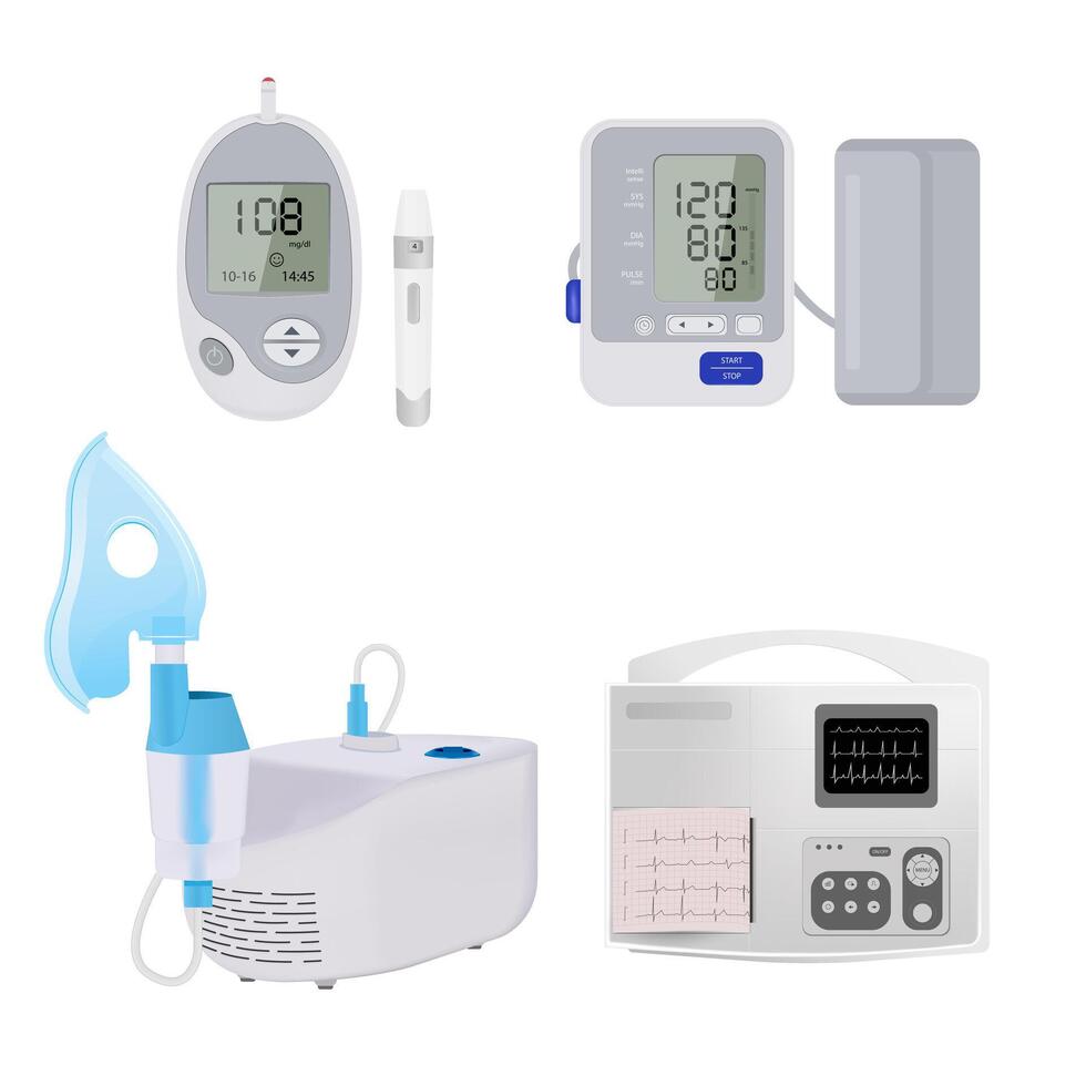 einstellen von medizinisch Geräte. Glukometer, Kompressor Inhalator, automatisch medizinisch Tonometer, Elektrokardiograph vektor