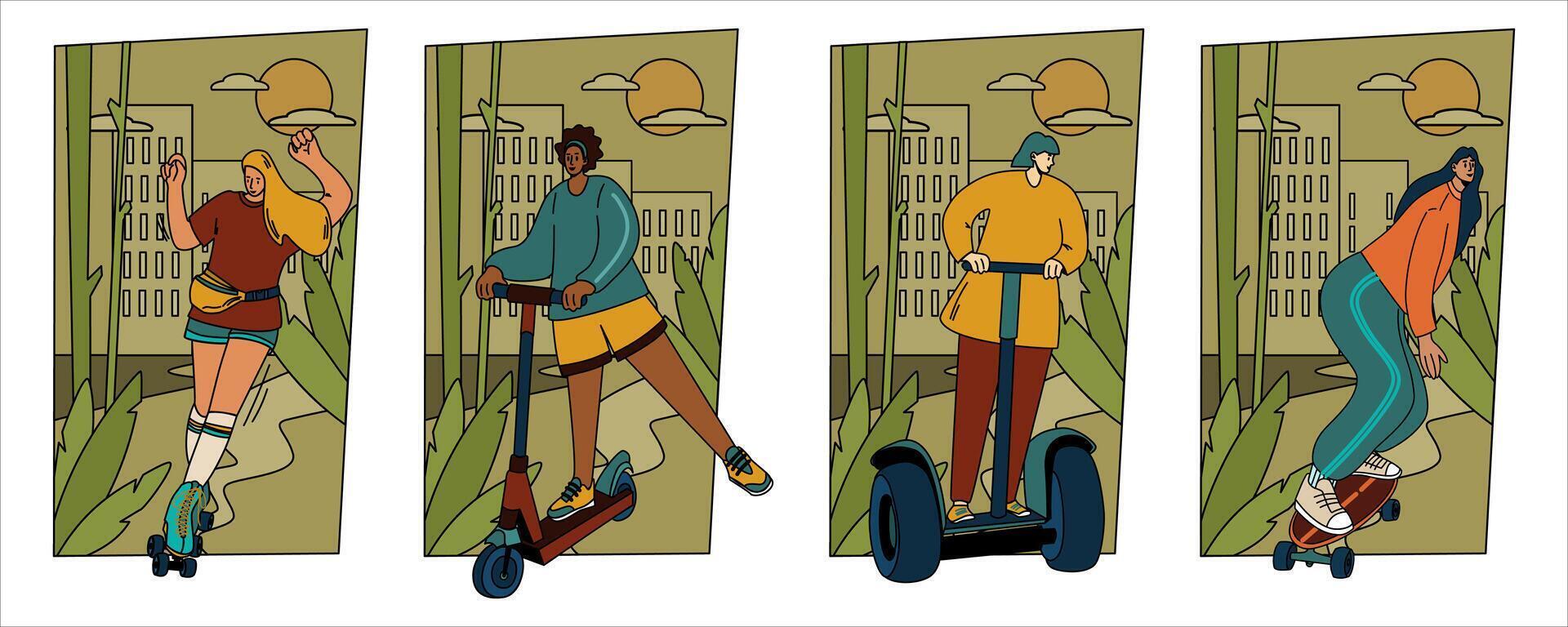 Mädchen Reise durch Privat Transport. städtisch Handy, Mobiltelefon Transport. Frauen auf ein Skateboard Walze Rollschuhe Kreisel Roller Roller. das Konzept von Ökologie vektor