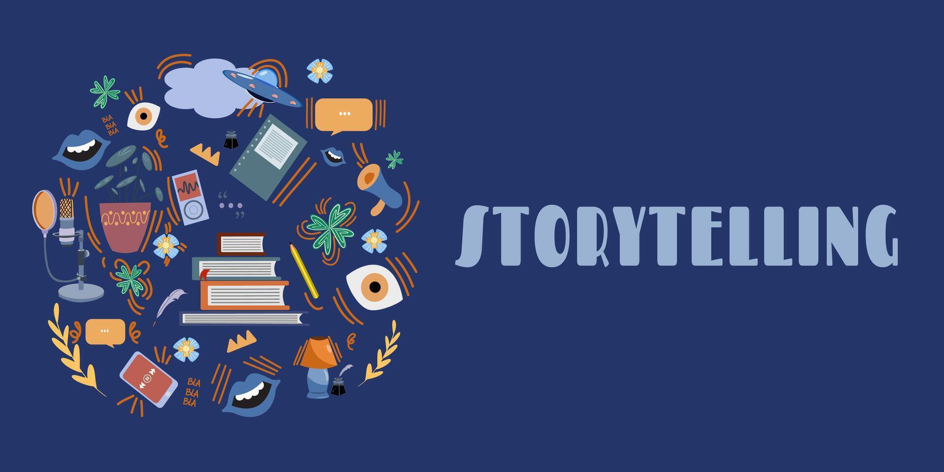 Illustration von Geschichtenerzählen. ein Konzept zum ein Blog, Sozial Netzwerke, Marketing. horizontal Banner von das Erzählung Promotion.Vektor Illustration von Geschichtenerzählen. ein Konzept zum ein Blog, Marketing. vektor