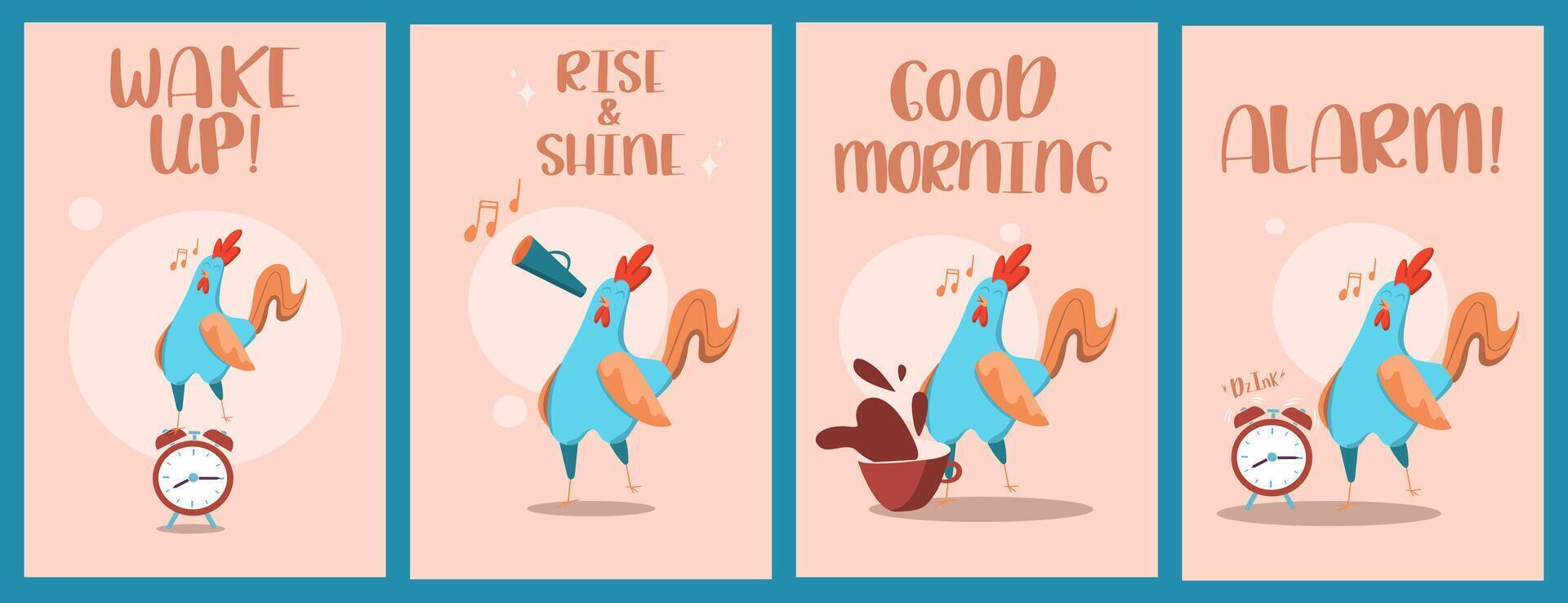 uppsättning av illustrationer med en tupp, en kopp och ett larm klocka. en begrepp för vykort och banderoller med de text Bra morgon- vektor