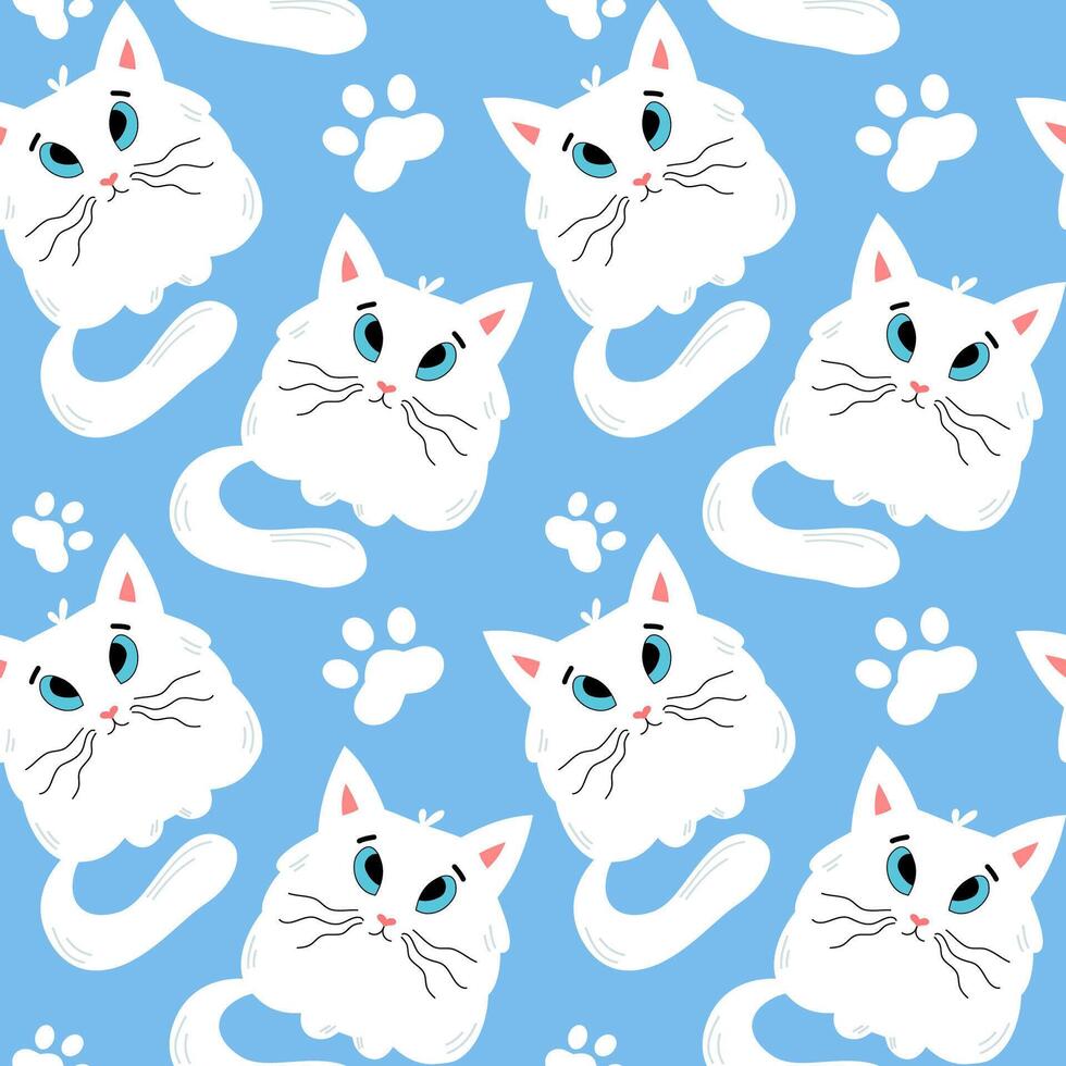 nahtlos Muster von ein Weiß Kätzchen und Pfote druckt auf ein Blau Hintergrund. vektor