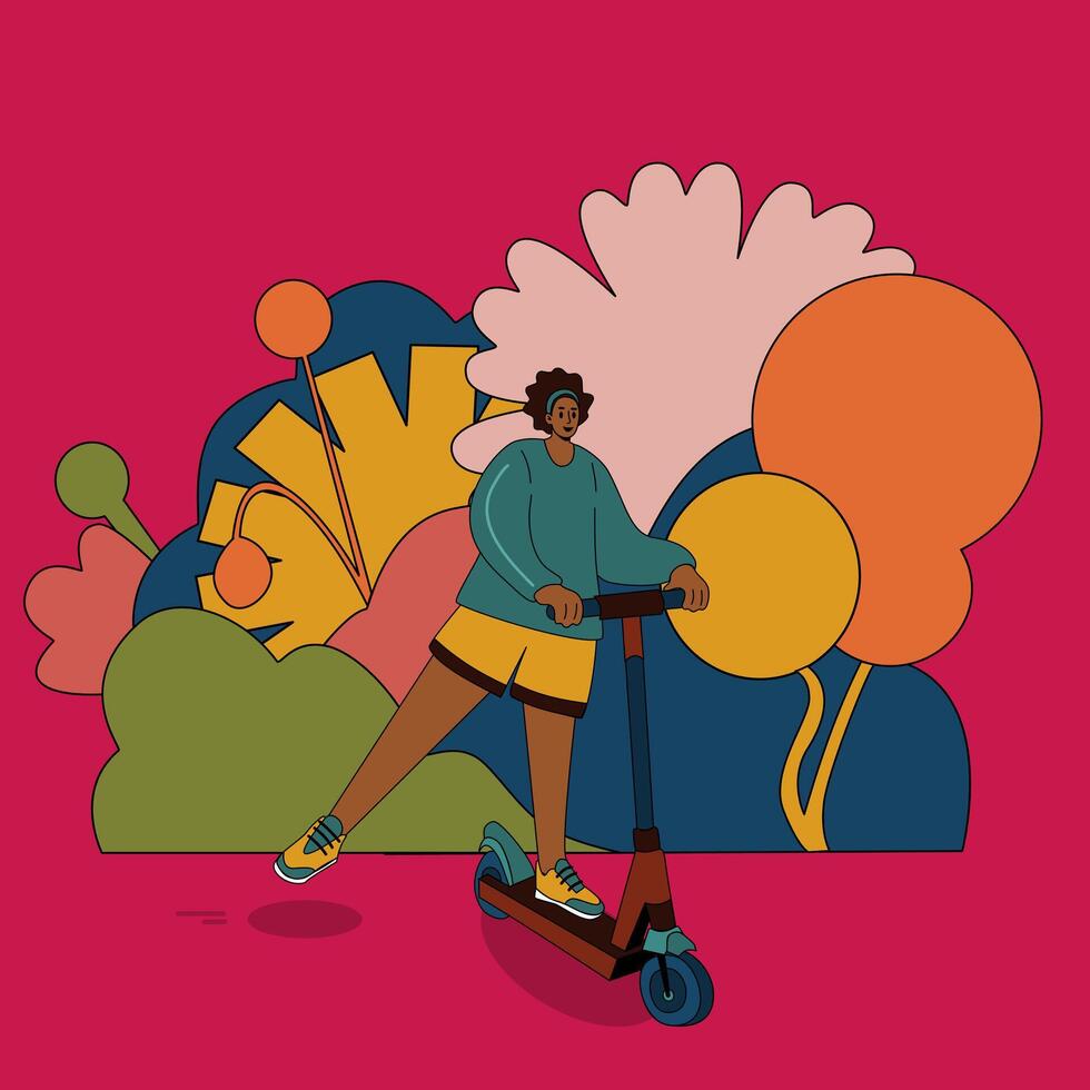 en flicka rider en skoter. färgrik illustration av en kvinna på en skoter vektor