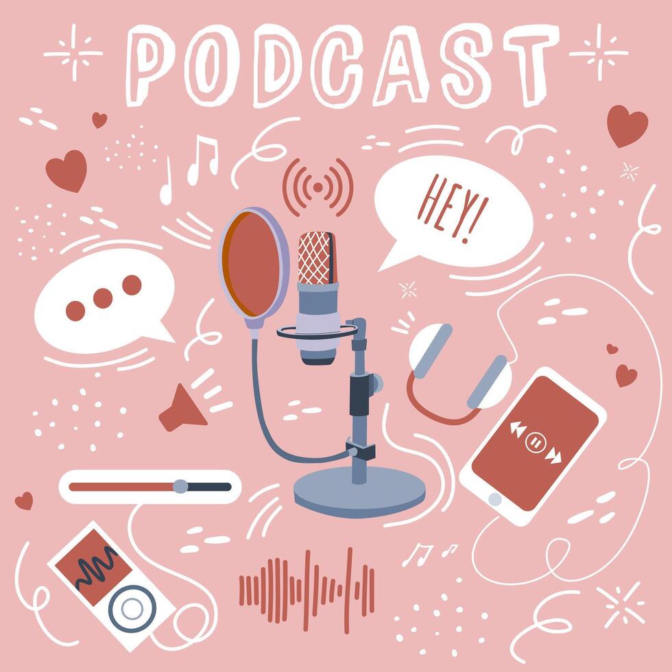 podcast omslag design. vektor illustration av inspelning och lyssnande till en podcast. vektor bild för inspelning och lyssnande till en prata