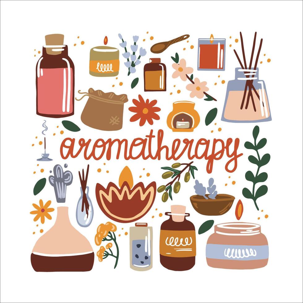 illustration av aromaterapi och grundläggande oljor. rökelse pinnar, spa ljus och örter. vektor